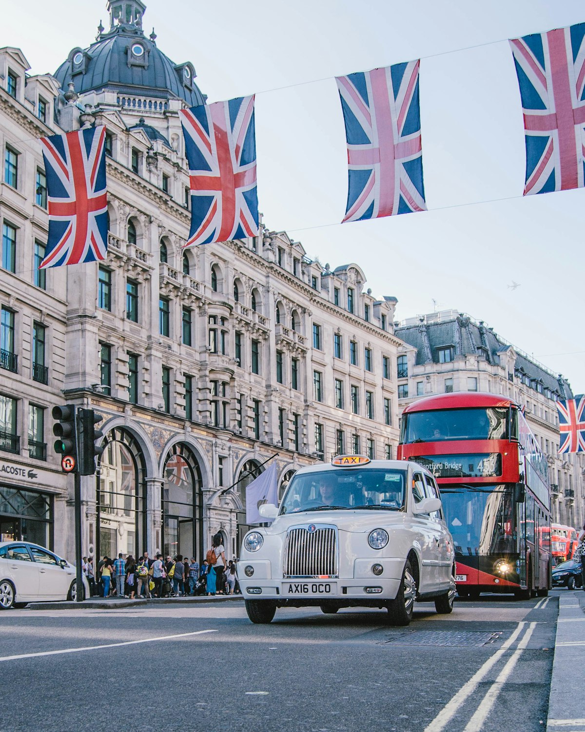 Regent Street in central London lined with Union flags